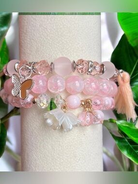 Butterfly Lily Tassel Charm Beaded 3 Pieces Stretch Bracelet Set